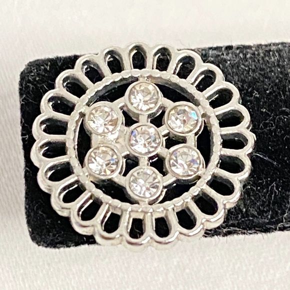 Silver Tone Rhinestone Stud Earrings Open Work Circles Post Back - Picture 4 of 8